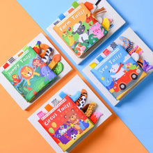 Colorful animal tail cloth book set displayed for baby sensory development.