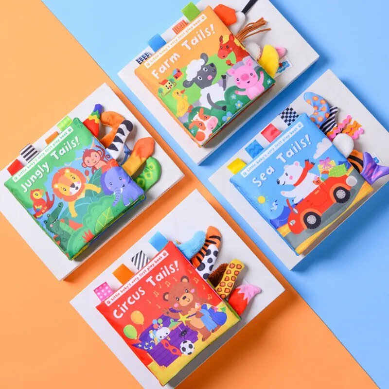 Colorful animal tail cloth book set displayed for baby sensory development.