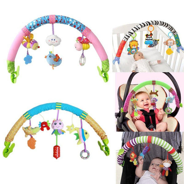 Colorful baby arch toy with hanging plush pieces for stroller and car seat play.