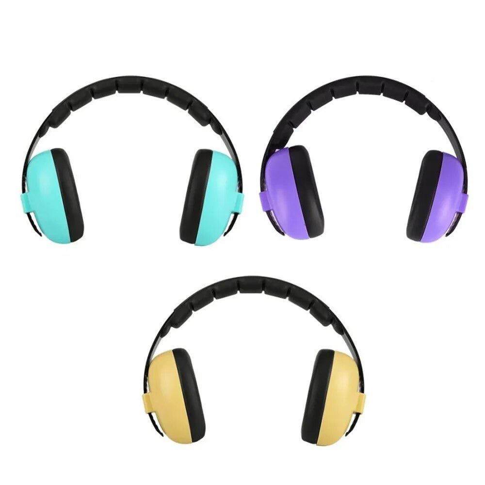 Set of colorful baby noise-canceling earmuffs for sleep and travel comfort.