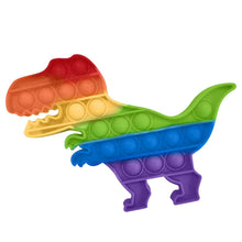 Colorful dinosaur shaped push pop bubble sensory toy for playful stress relief.