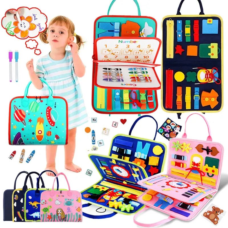 Colorful educational Busy Board toy for toddlers, shown with a child holding a component during playtime.