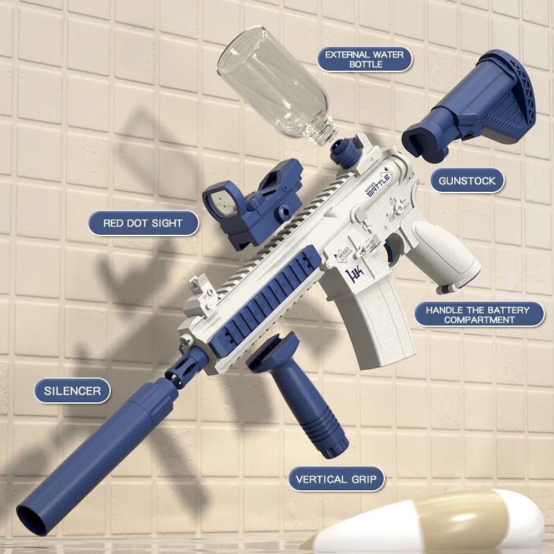 Diagram of a toy gun with labeled parts.