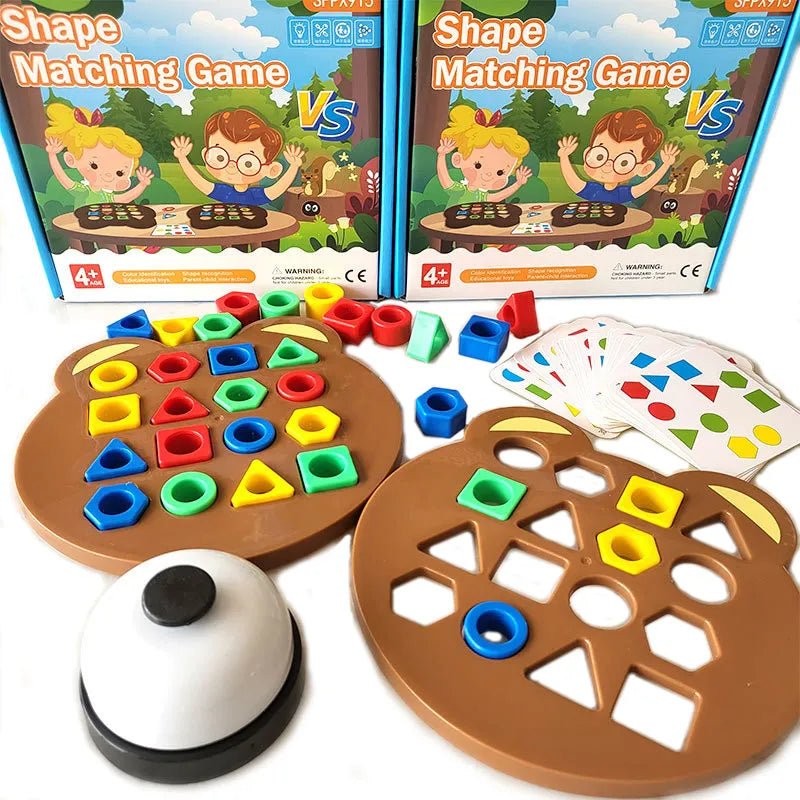 Shape matching game with colorful shapes and a bell.