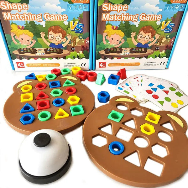 Shape matching game with colorful shapes and a bell.