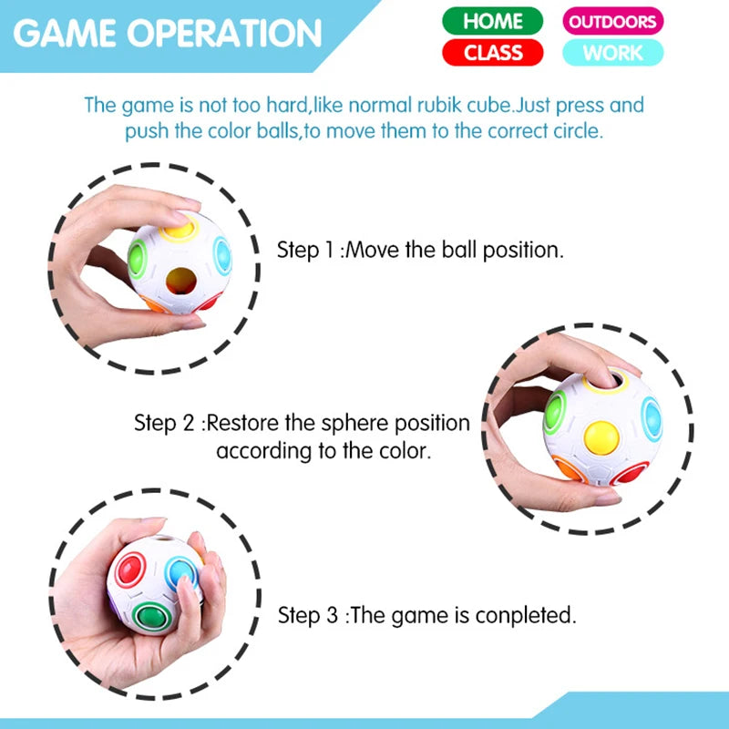 Instructions for a colorful ball puzzle game with step-by-step guidance.