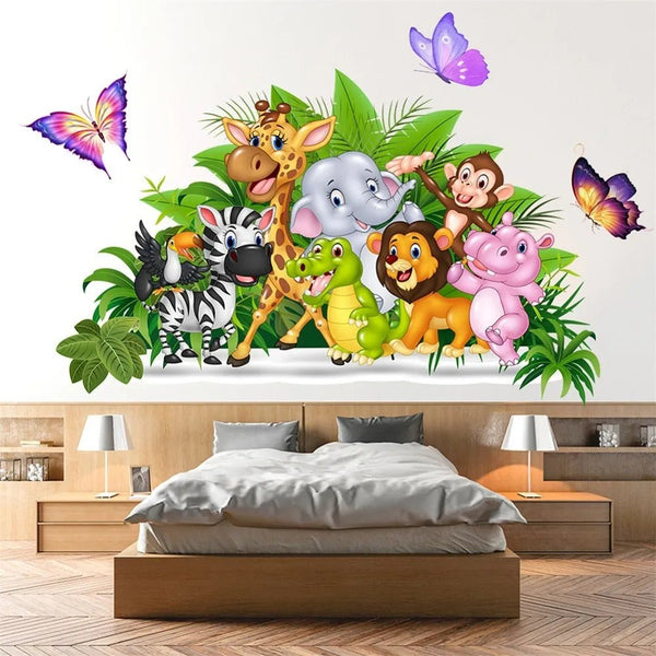 Green grass and animals wall sticker in colorful kids decor style applied above a bedroom bed.