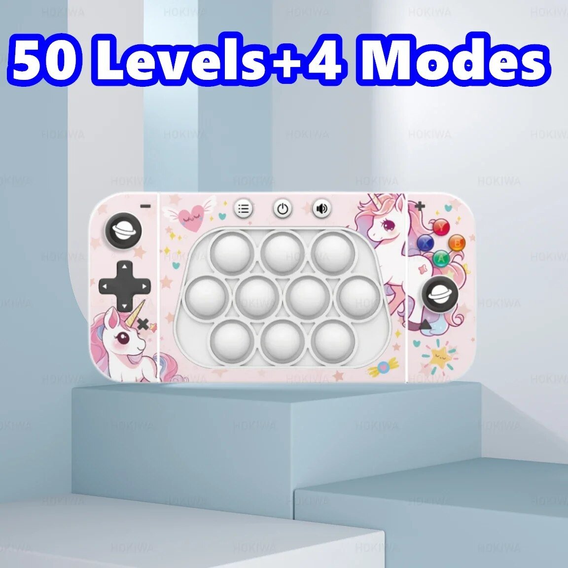 Pink handheld gaming device with unicorn design