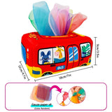 Red bus-shaped tissue box with colorful tissues and dimensions