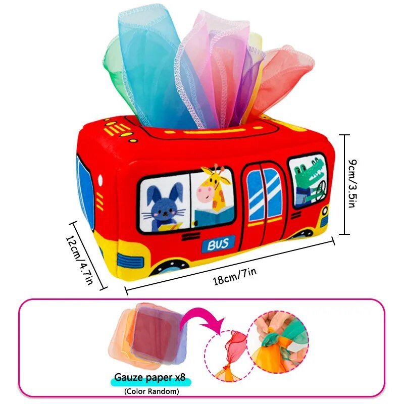 Red bus-shaped tissue box with colorful tissues and dimensions