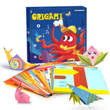 Origami kit with colorful paper and folded models on a white background