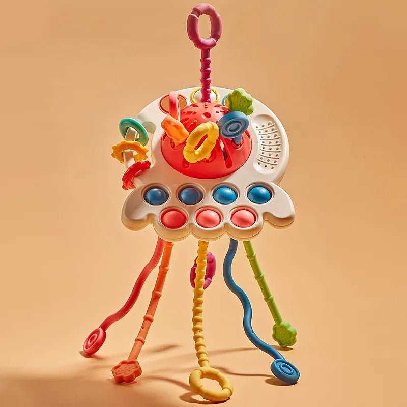 Colorful baby toy with various textures and shapes