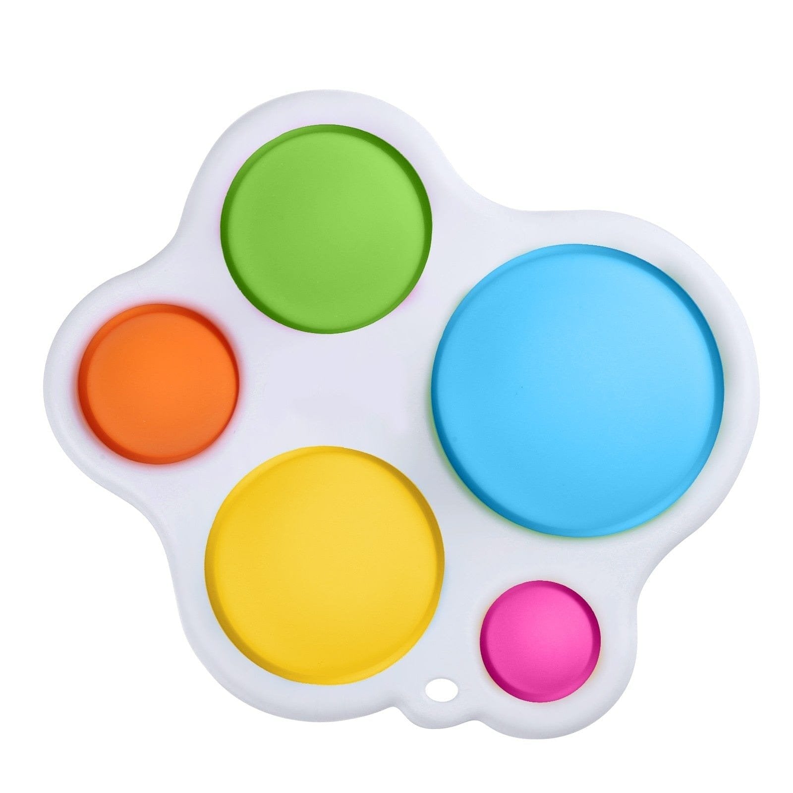 Colorful dot push pop sensory toy on a white base for calming fidget play.