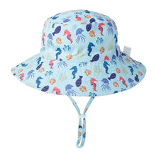 Colorful Sea Creature Print Kids Bucket Sun Hat with UV protection for beach days, stroller walks, and summer outings, front view.