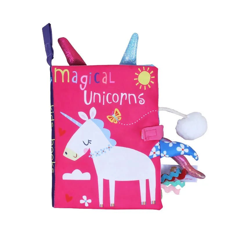 Children's book titled 'Magical Unicorns' with colorful unicorn illustrations on a pink background.