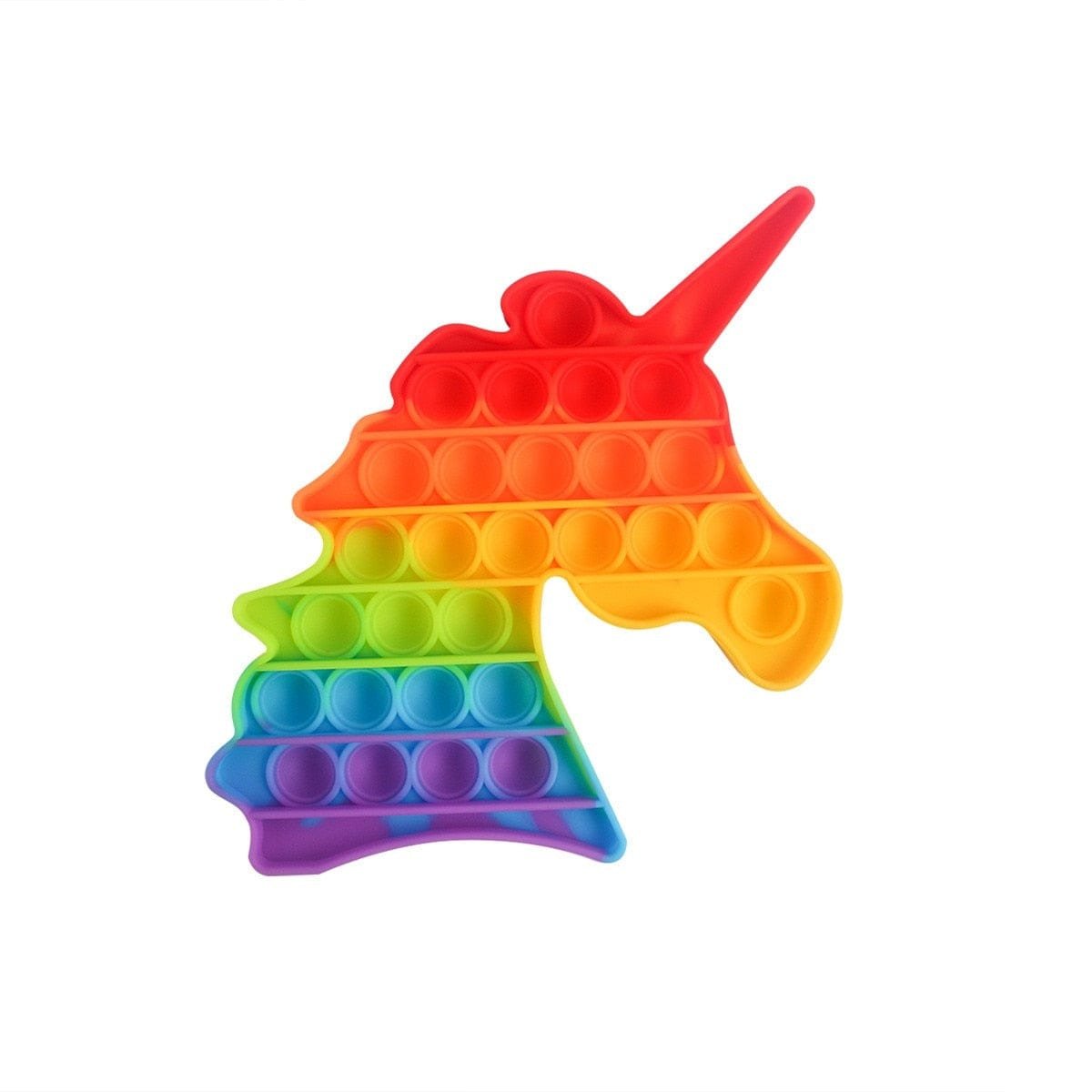 Colorful unicorn shaped push pop bubble sensory toy for playful sensory stress relief.