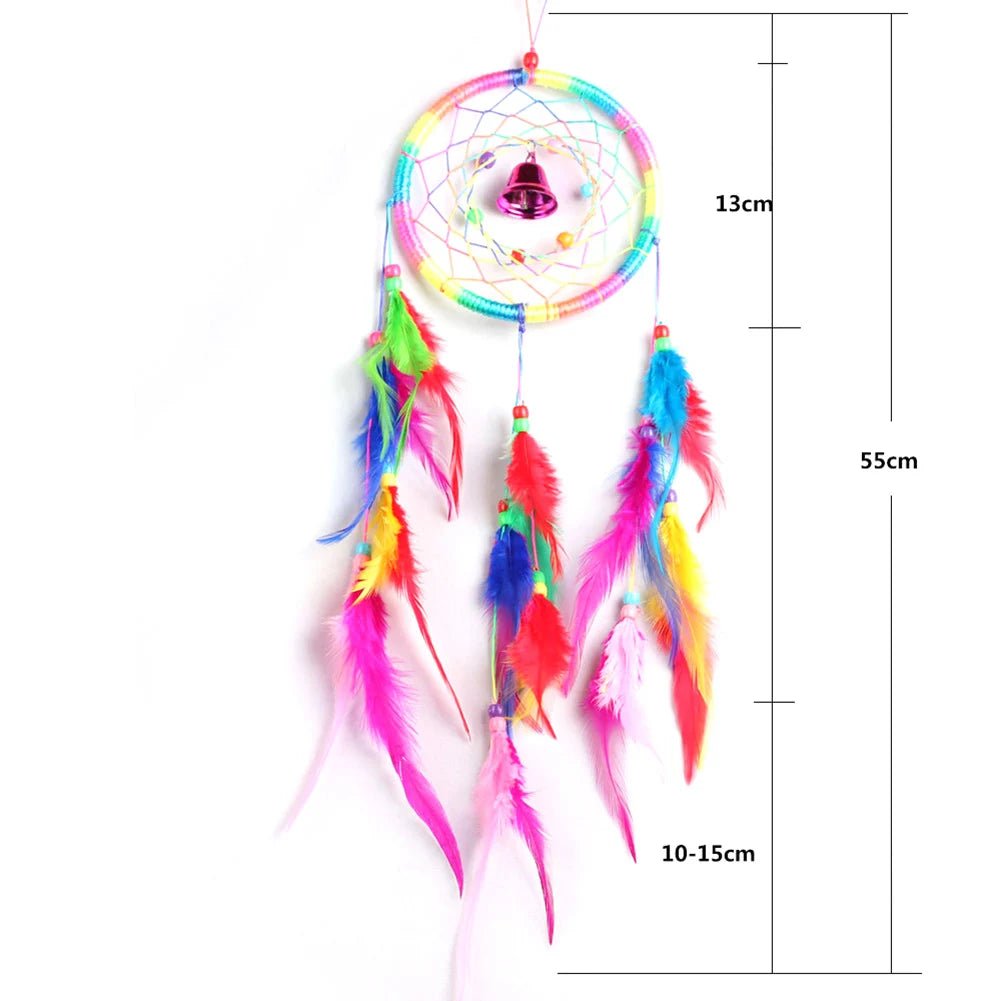 Colorful woven rattan dream catcher pictured with a size chart for wall styling.