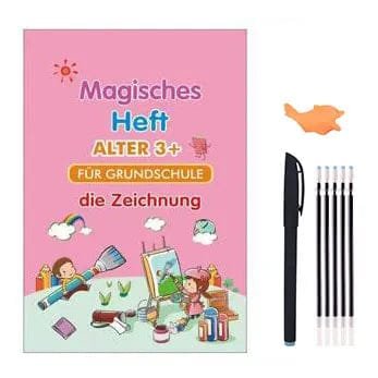 Children's coloring book with a pen and markers on a white background