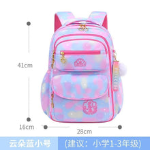 Colourful gradient orthopedic girls backpack measurement guide for comparing capacity before the school term.