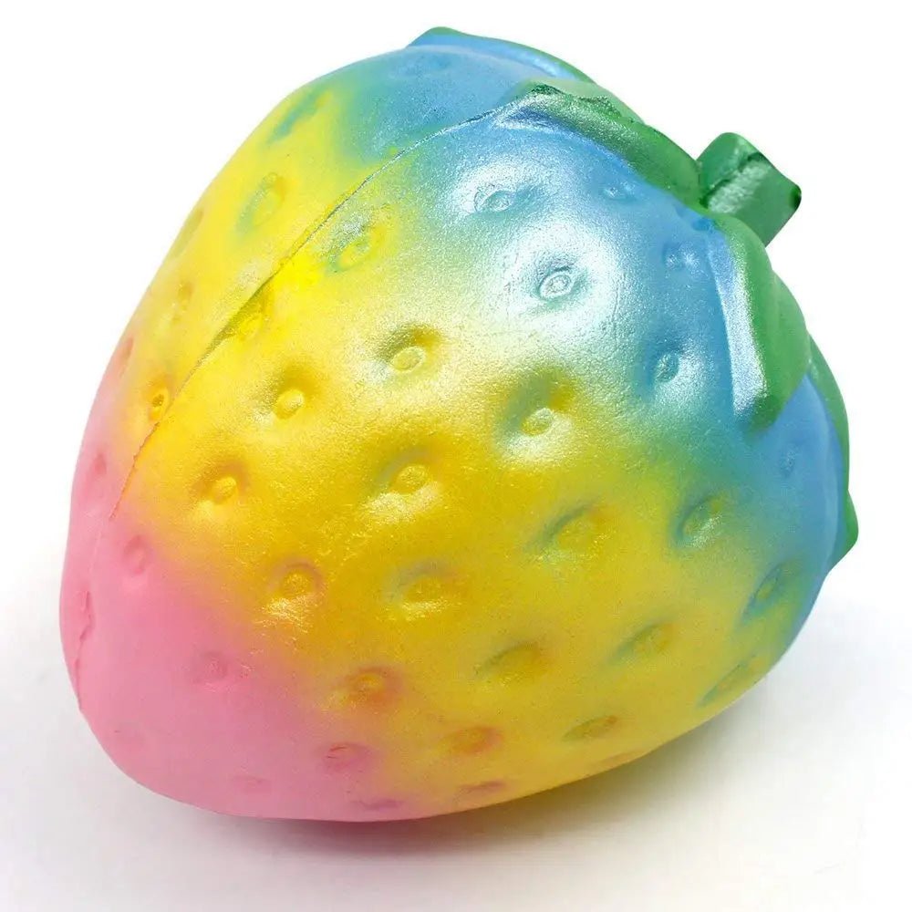 Colourful strawberry squishy toy for slow rising squeeze play, classroom fidgeting, and gifts.