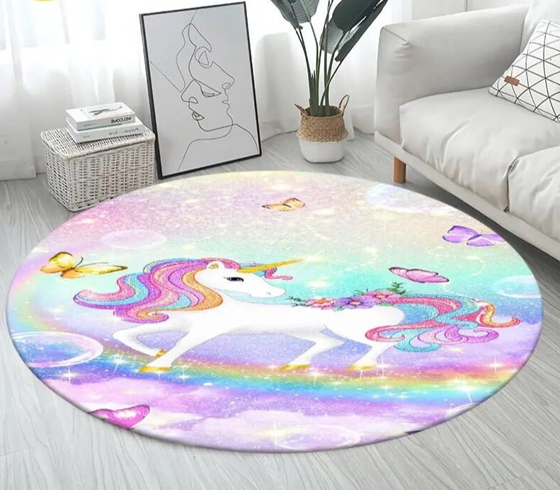 Colourful unicorn 3D cartoon round rug creating a soft non-slip play space for children in a family living area.