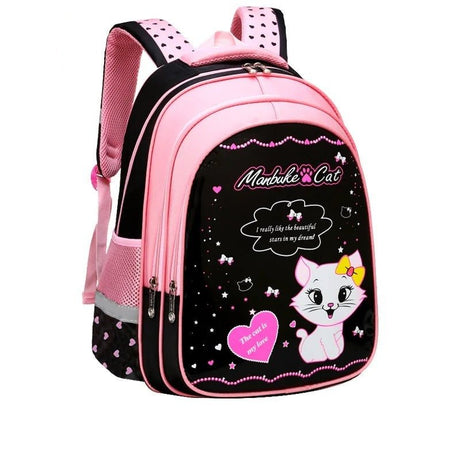 Pink and black backpack with a cat design 