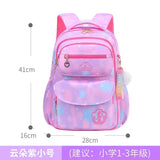 Pink and purple backpack with measurements