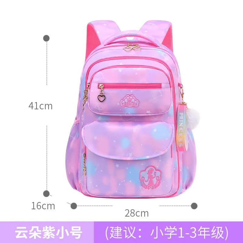 Comfortable orthopedic primary school backpack in purple and pink for supported carrying of books and lunch boxes.