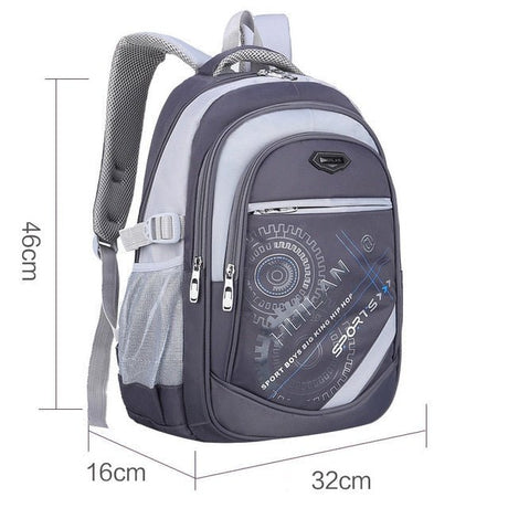 Gray backpack with brand logo and measurements