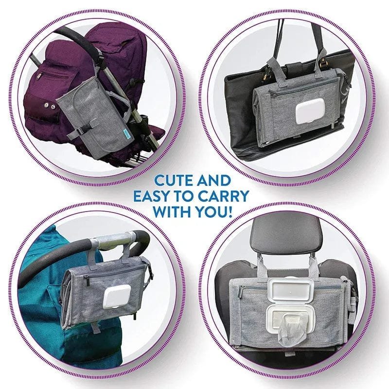 Compact diaper changing pad that clips onto strollers and bags, keeping nappy essentials to hand during outings.