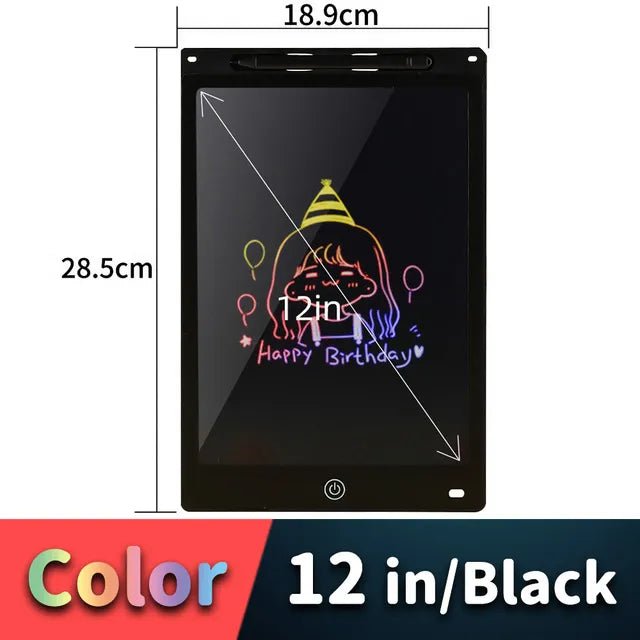 Black electronic writing pad with dimensions and a sample drawing