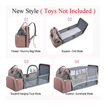 Large-capacity baby backpack with folding bed shown converting between backpack and crib modes.