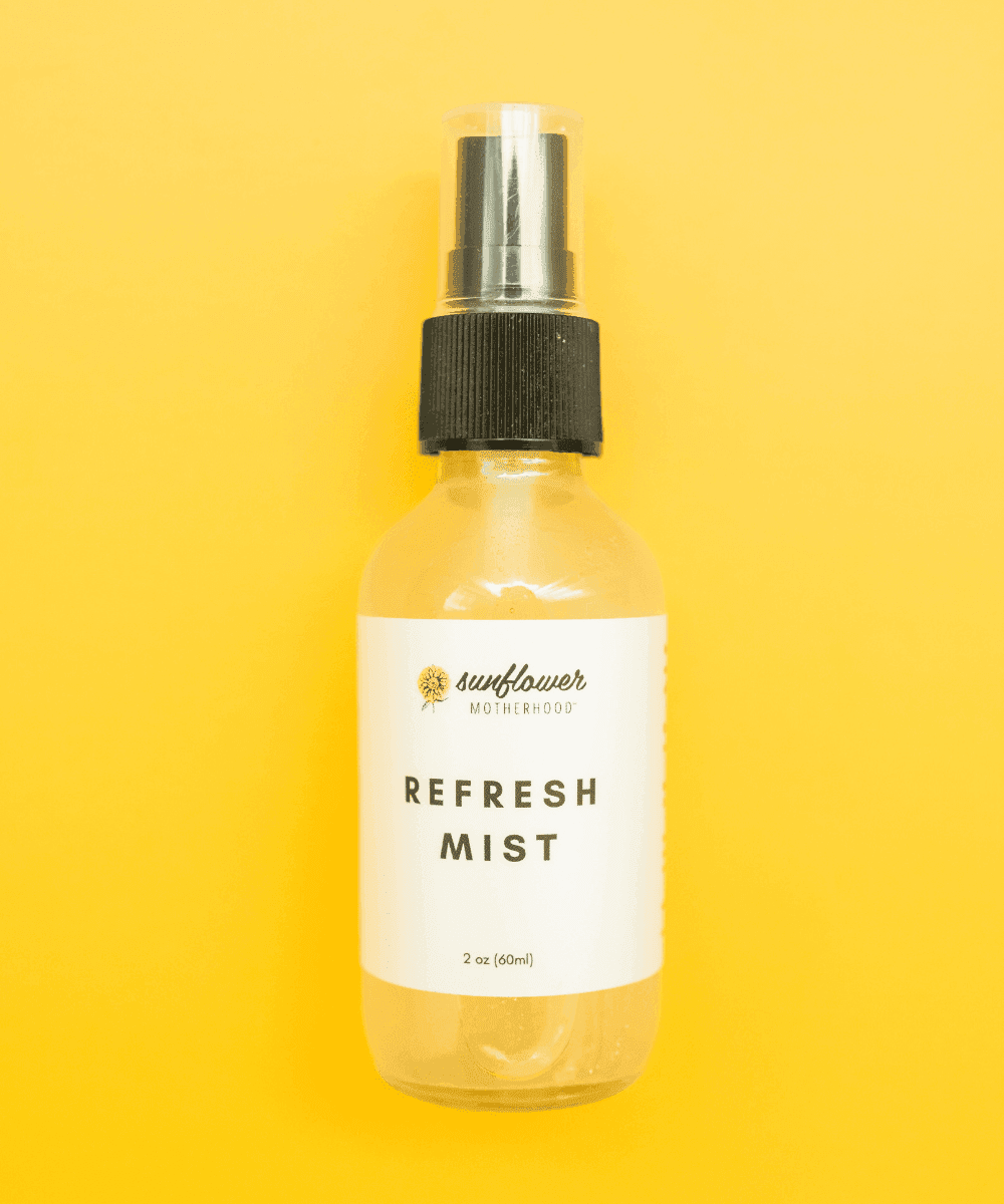 Refresh Mist skincare spray bottle label detail for hydrating the face during hot days, travel, and after cleansing.
