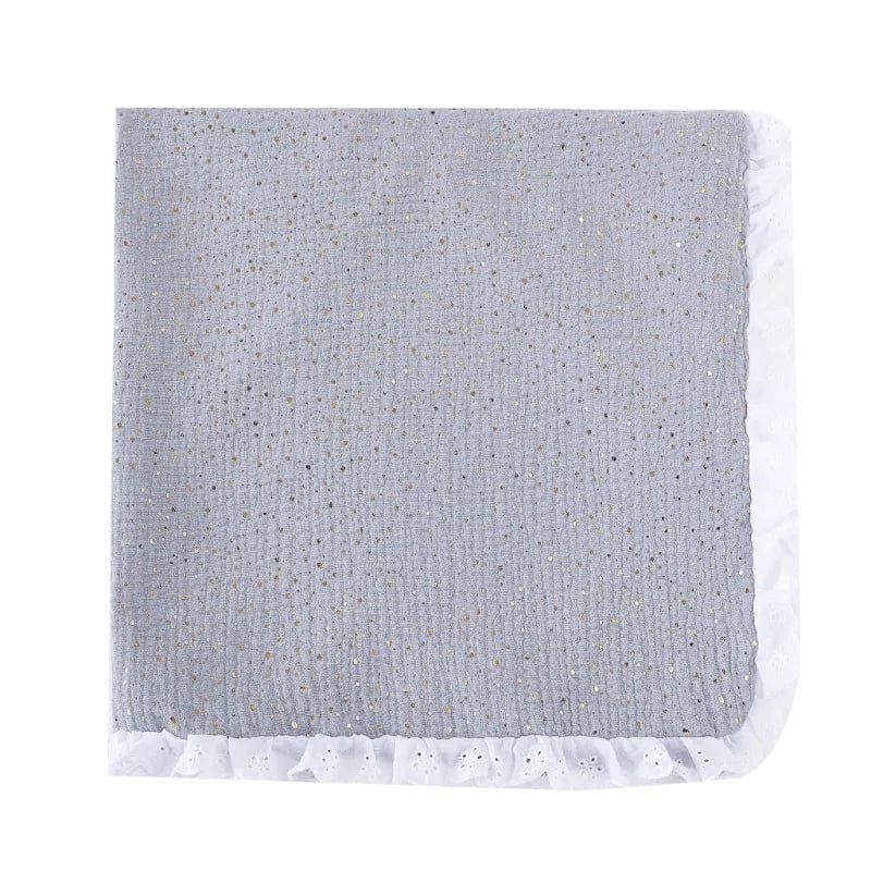 Super Soft Cotton Gauze Muslin Swaddle and Bath Towel, gray textured blanket with white trim, for newborn swaddling, bath time, and stroller outings.