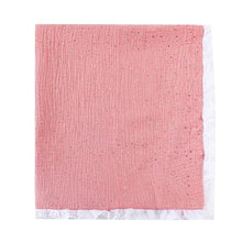 Super Soft Cotton Gauze Muslin Swaddle and Bath Towel, pink textured blanket with white lace trim, for newborn swaddling, bath time, and stroller outings.