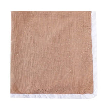 Super Soft Cotton Gauze Muslin Swaddle and Bath Towel, textured brown fabric square with a white border, for newborn swaddling, bath time, and stroller outings.