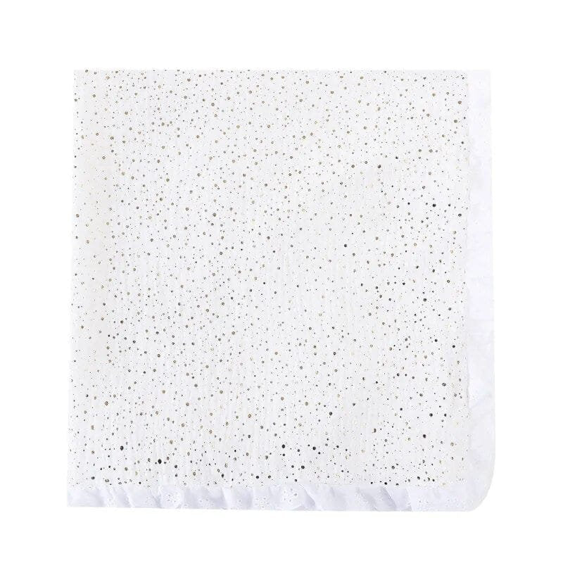 Super Soft Cotton Gauze Muslin Swaddle and Bath Towel, white blanket with black speckles, for newborn swaddling, bath time, and stroller outings.