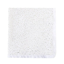 Super Soft Cotton Gauze Muslin Swaddle and Bath Towel, white blanket with black speckles, for newborn swaddling, bath time, and stroller outings.