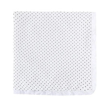 Super Soft Cotton Gauze Muslin Swaddle and Bath Towel, white square with black polka dots, for newborn swaddling, bath time, and stroller outings.