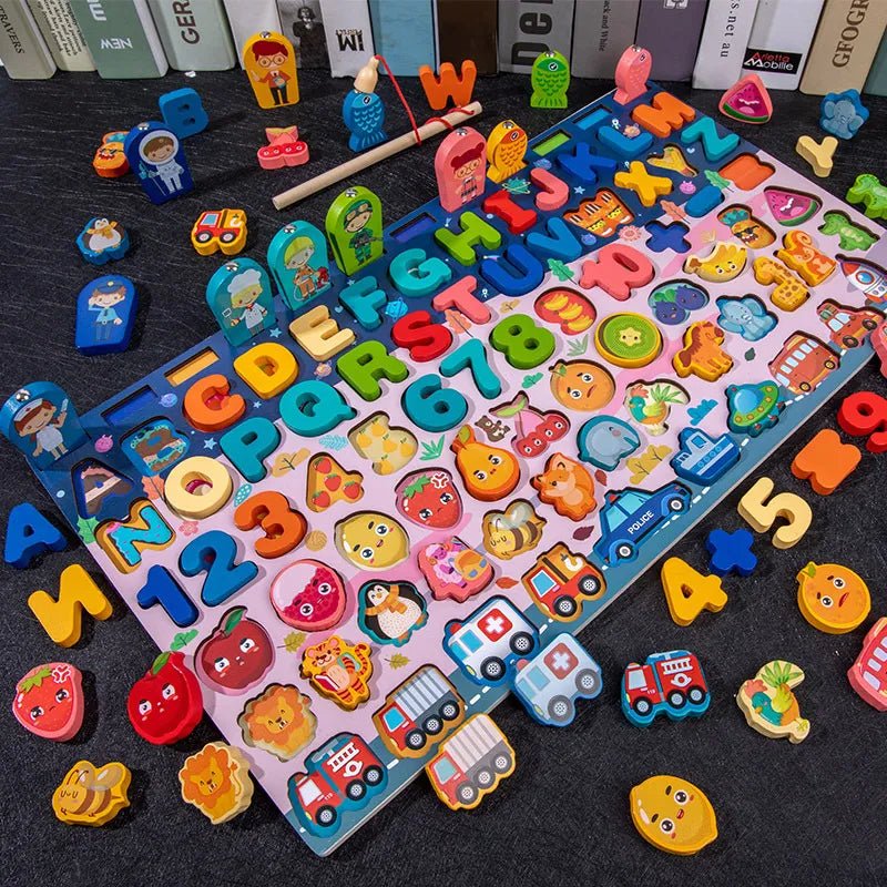 Montessori wooden math puzzle with counting blocks and alphabet pieces for toddlers building numeracy foundations.