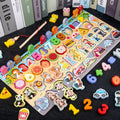 Wooden counting and number puzzle with animal and letter pieces for toddlers building early counting skills.