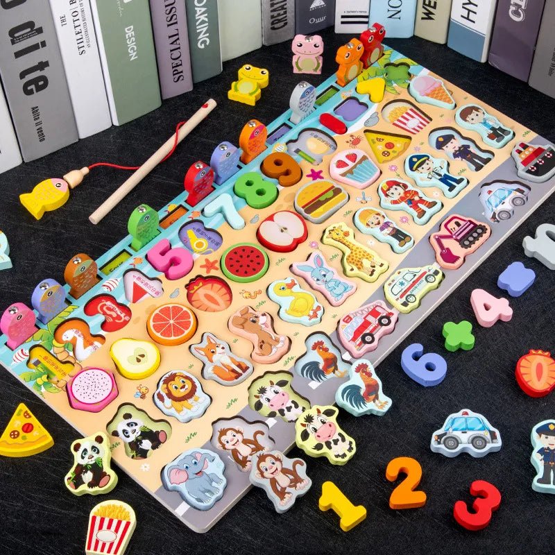 Wooden counting and number puzzle with animal and letter pieces for toddlers building early counting skills.