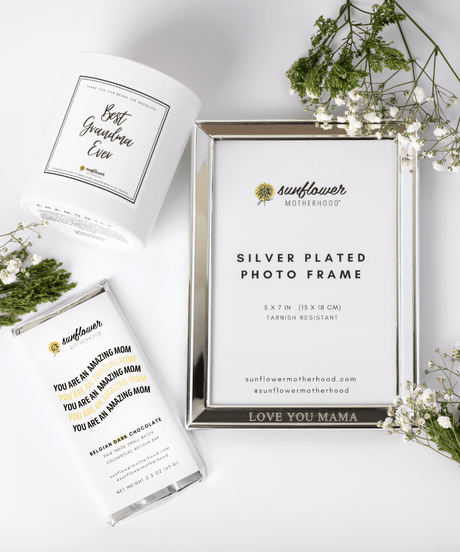 Silver-plated photo frame with 'Sunflower Motherhood' branding.