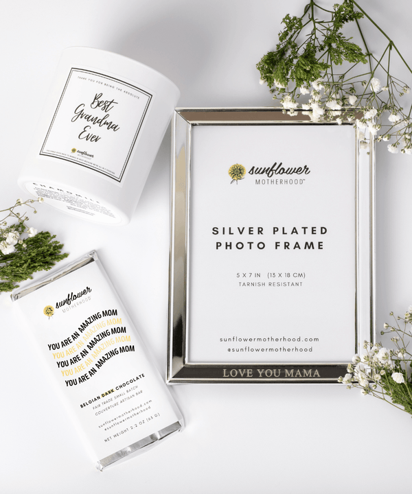 Silver-plated photo frame with 'Sunflower Motherhood' branding.