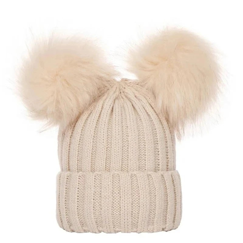 Beige knit beanie with two large fur pom-poms (option 3)