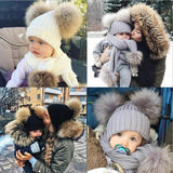 Collage of a child wearing a winter hat and scarf with fur trim, interacting with adults in various settings.