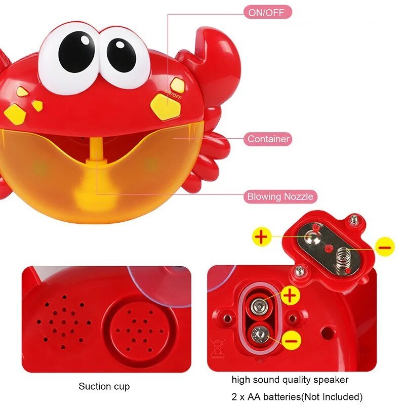 Crab Automatic Bubble Machine bath toy with labeled parts for easy setup during bath time.