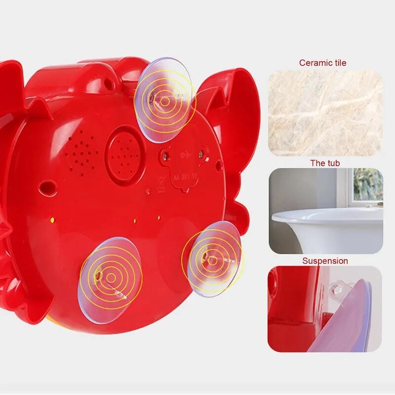 Crab Automatic Bubble Machine bath toy with suction cups for secure mounting on tub and tile during bath time.