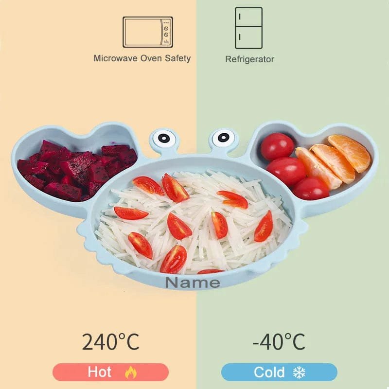 Compartment lunch tray from the crab plate set, microwave and fridge safe for prepping toddler meals ahead.