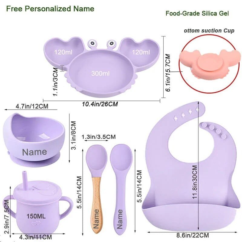 Measurements and features of the purple crab plate set to help parents plan portions for weaning and toddler meals.